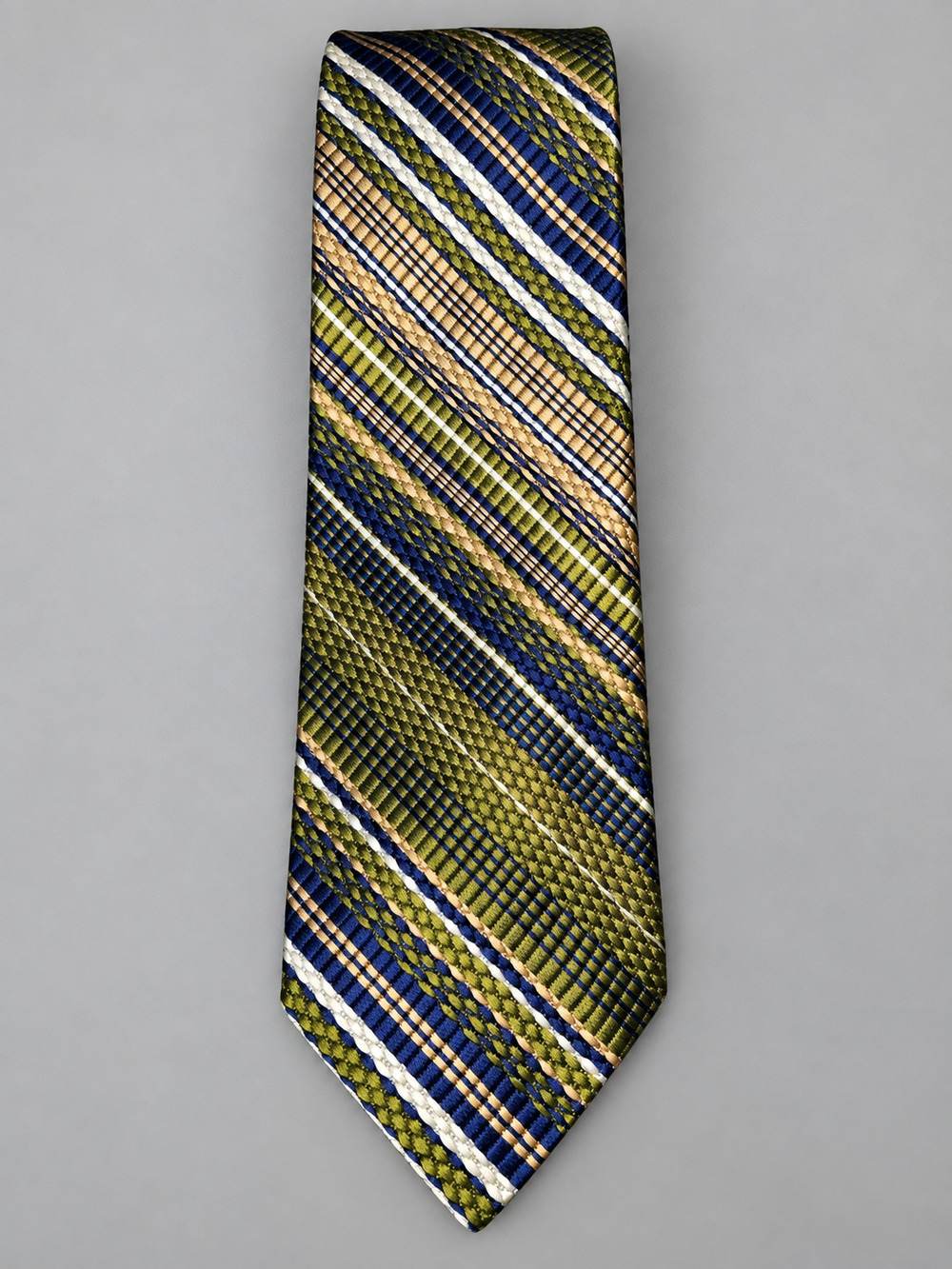 Men’s 100% Silk Tie Made in Italy Olive Green Navy Tan Striped Woven Necktie